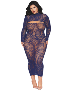 Ensemble 2 pièces grande taille top manches longues et robe bleu marine - DG0525XECL
